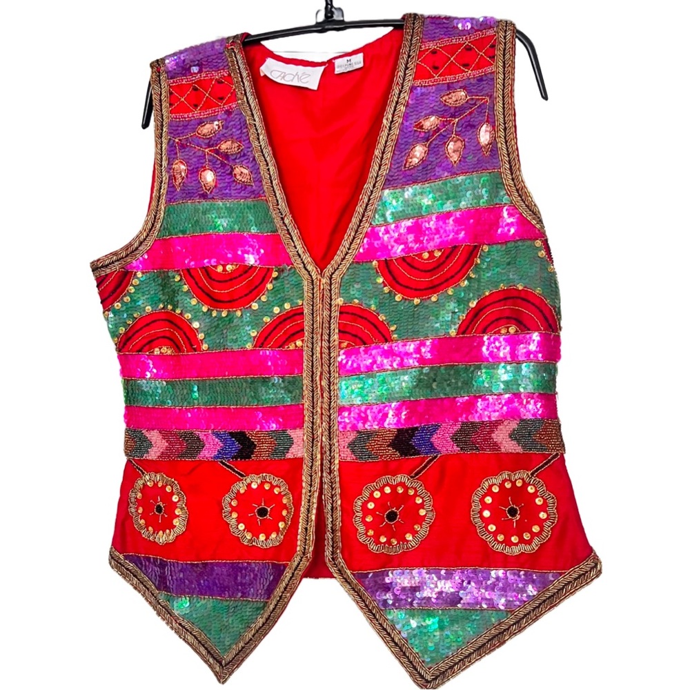 Women's Vintage Red Cache Beaded & Sequined Vest Size Medium Boho Sexy Fun EUC